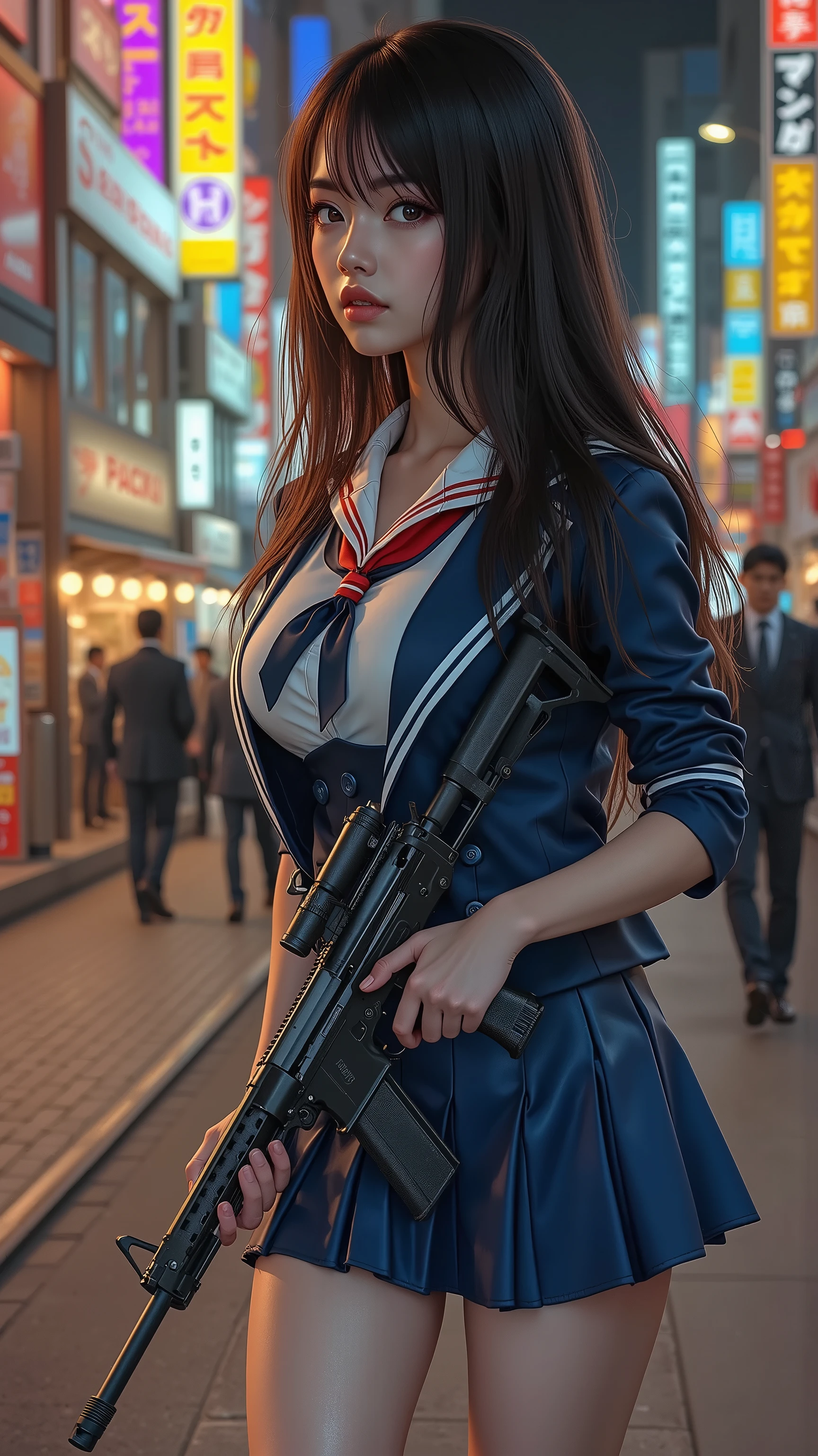 masterpiece, top quality, very detailed,Kampala , (realistic, photorealistic:1.37), (Cowboy Shots for Men  :1.3),( thighs:1.5),  Excellent Anatomy,beautiful woman,(high school girl,Actually, a small smile involving the parent of the yakuza:1.5),Keen Eyes,((carrying a big machine gun:1.5)),high school girl,((high school girlセーラー服 uniform:1.5)), (shape), (( navy blue super miniskirt:1.5)),(( very delicate and beautiful )),(the cityscape of Shinjuku Kabukicho at night,neon:1.4), brown hair, long hair, Bang,very beautiful face,cute type,looks like a baby, Big Natural Colored Lips, big beautiful eyes,brown eyes,An obvious double,small and cute nose,brown eyes,Sparkling Highlights Around Your Eyes,character focus  ,  tilt her head ,The best light,  best shadows  ,mysterious,   perfect face,  very detailed  ,Mayokozu  ,( Skin Growth   ,  sweated : 1.2),  anatomically accurate ,  Beautiful legs and tail  ,  plump thighs, plump body,big boobs,(Expressing the Roundness and Softness of Your Breasts .........1), beautiful body,(perfect woman),(She's a battle mote,Keen Eyes,Yakuza rivalry:1.5),(walks through the streets of Shinjuku Kabukicho at night with many big, strong, and scary men in tow:1.5)
