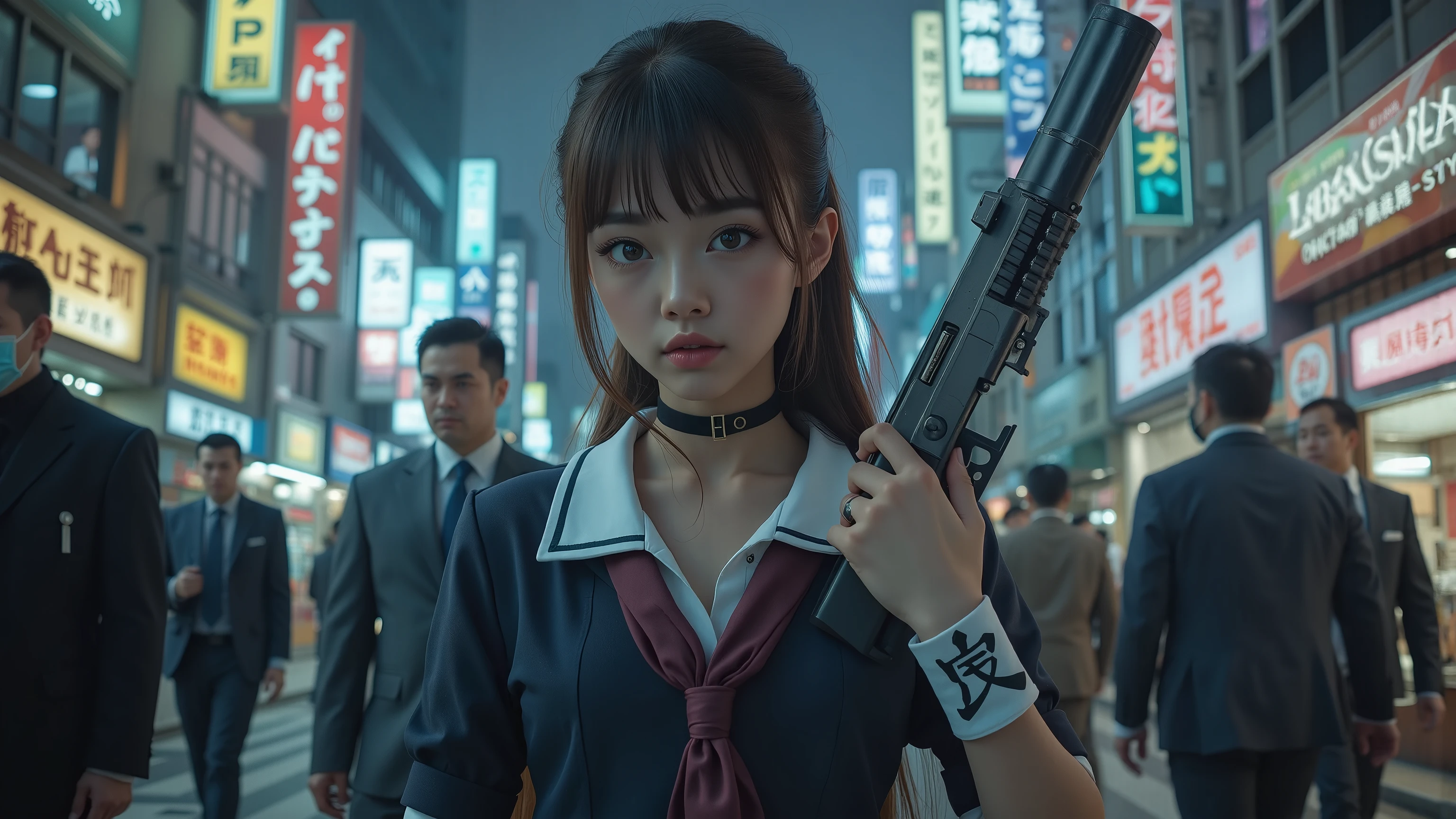masterpiece, top quality, very detailed,Kampala , (realistic, photorealistic:1.37), (Cowboy Shots for Men  :1.3),( thighs:1.5),  Excellent Anatomy,beautiful woman,(high school girl,Actually, a small smile involving the parent of the yakuza:1.5),Keen Eyes,((carrying a big machine gun:1.5)),high school girl,((high school girlセーラー服 uniform:1.5)), (shape), (( navy blue super miniskirt:1.5)),(( very delicate and beautiful )),(the cityscape of Shinjuku Kabukicho at night,neon:1.4), brown hair, long hair, Bang,very beautiful face,cute type,looks like a baby, Big Natural Colored Lips, big beautiful eyes,brown eyes,An obvious double,small and cute nose,brown eyes,Sparkling Highlights Around Your Eyes,character focus  ,  tilt her head ,The best light,  best shadows  ,mysterious,   perfect face,  very detailed  ,Mayokozu  ,( Skin Growth   ,  sweated : 1.2),  anatomically accurate ,  Beautiful legs and tail  ,  plump thighs, plump body,big boobs,(Expressing the Roundness and Softness of Your Breasts .........1), beautiful body,(perfect woman),(She's a battle mote,Keen Eyes,Yakuza rivalry:1.5),(walks through the streets of Shinjuku Kabukicho at night with many big, strong, and scary men in tow:1.5)
