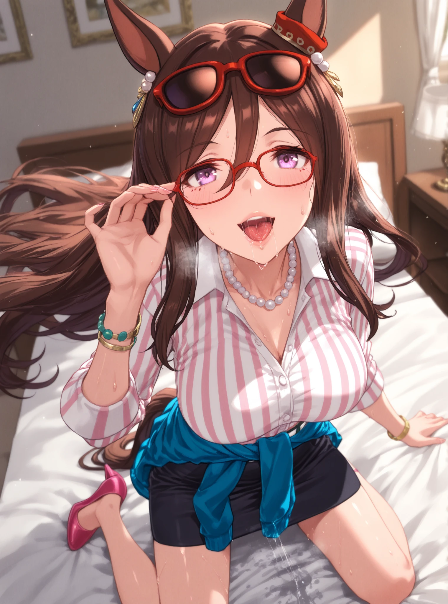 Highest quality, masterpiece, High resolution, alone, {full moon_Fleet Collection:1.15}, Long Hair, Brown Hair, Glasses, brown_eye, red-framed_Glasses, semi-rimless_Glasses, Crescent Moon, black_Seraphim, blush, Under Rim_Glasses, One girl, Closed_eye, Open_mouth, School_uniform, (indoor, office, living room), , blackスカート, smile, (Petite),((nsfw)), Flat Chest(panties), (bra), (In underwear), (Flashy underwear), (lingerie), 