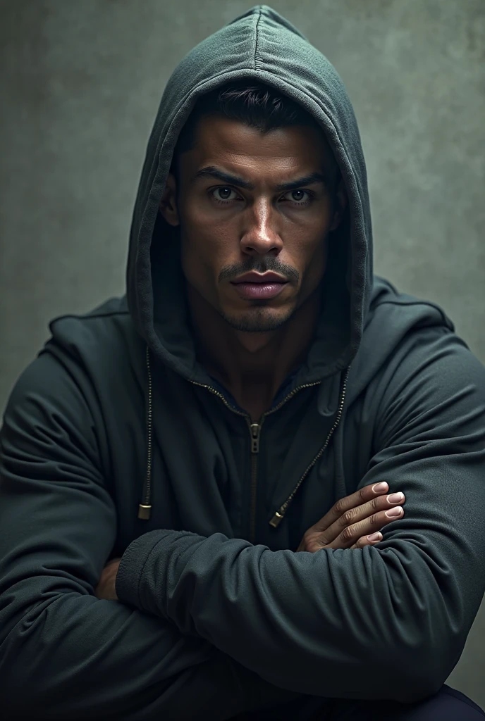 I need you to generate a man with a hooded jacket, with a dark and serious look, with open arms, hinted power, eyes with a greenish glow, Dark skin and monk&#39;s beard
