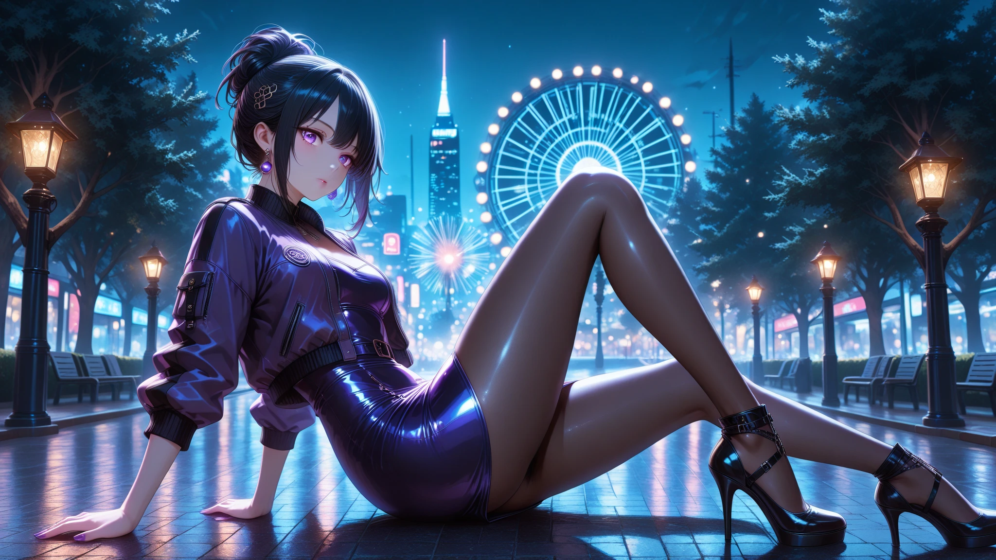 1girl, solo, straight-on, full body, tokyo tower, dusk, arms at sides, purple hair, long hair, hair spiral, coral eyes, tall, off-shoulder sweater, striped pants, mouse ears, barefoot, large breasts, :D