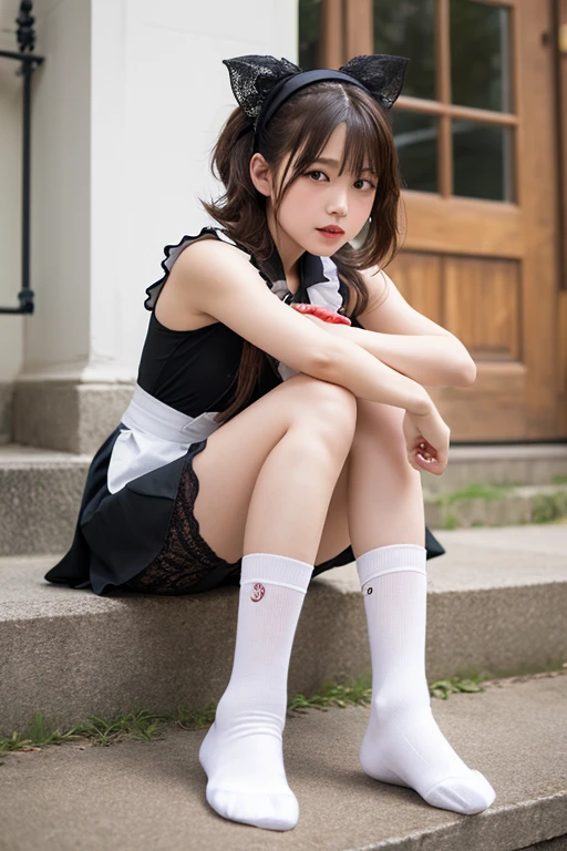 ((Dark blue socks))　Place your hands on your knees　((Brown Loafers)Blonde、((White panties are visible))(Squatting panchira)double eyelid　Eyelashes　Beautiful and fine details、Ultra-detailed、High resolution、Transcendental beauty　Highest quality、masterpiece、、(Japanese high school girls uniform))、Extremely detailed representation　 School classroom　Highly detailed appearance　21 year old girl、Positive、((Dynamic Pose)))、(Sit with your knees bent))、Pleated skirt、Ribbon 1,2. Sexy upward glance　smile　Low angle