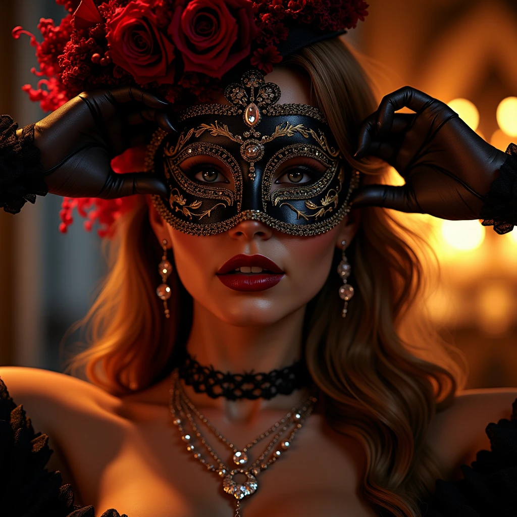 In a dark royal room there is a blonde girl with a Venetian mask, nuda, sexy, lingerie, seno, culo, figa, tette, bicchiere di vino, porno, sensuale, eccitante, sguardo penetrante, lingua 