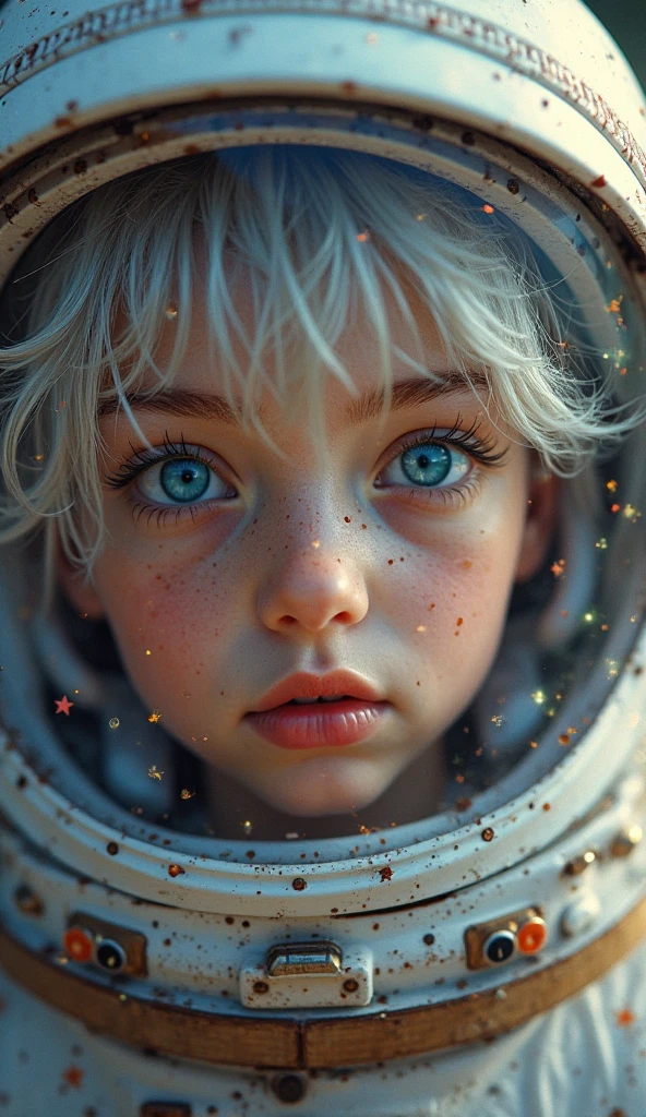 obra-prima, melhor qualidade, retrato de meio corpo, 1girl KIDS BLONDE, realista, ??? girl, sorrindo, rosto bonito, cabelo curto, capacete de astronauta, fundo do universo estrelado, luz verdadeira,