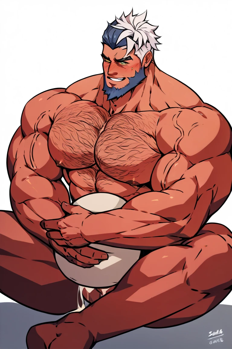 1boy, (very tall man:1.5), sidepec, (mazjojo:0.3), (nikism:0.2), (hitenmaru:0.5), (wolf_con_f:0.8), muscular male, muscular, bara, solo, thick neck, long neck, looking to the side, mature male, short hair, (beard stubble:1.8), (beard:1.5), undercut, stubble, white_hair, spiked_hair, yellow eyes, parted lips, white background, simple background, best quality, amazing quality, best aesthetic, absurdres, year 2023, big muscle, strong waist, huge biceps, huge pectorals, very tall, thick thigh, large hands, hyper muscle, brown skin, abs, nsfw, huge penis, cum, projectile cum, naked, nude, steam sweat, (hairy:1.5), girthy penis, (sparse chest hair:1.5), strongman waist, erection, long penis, thick penis, hand_on_penis, masturbation, penis_grab, sitting, (thick eyebrows:1.5), forest, blue sky, mj manga, (cute_face:2), (:3:1.7), :q