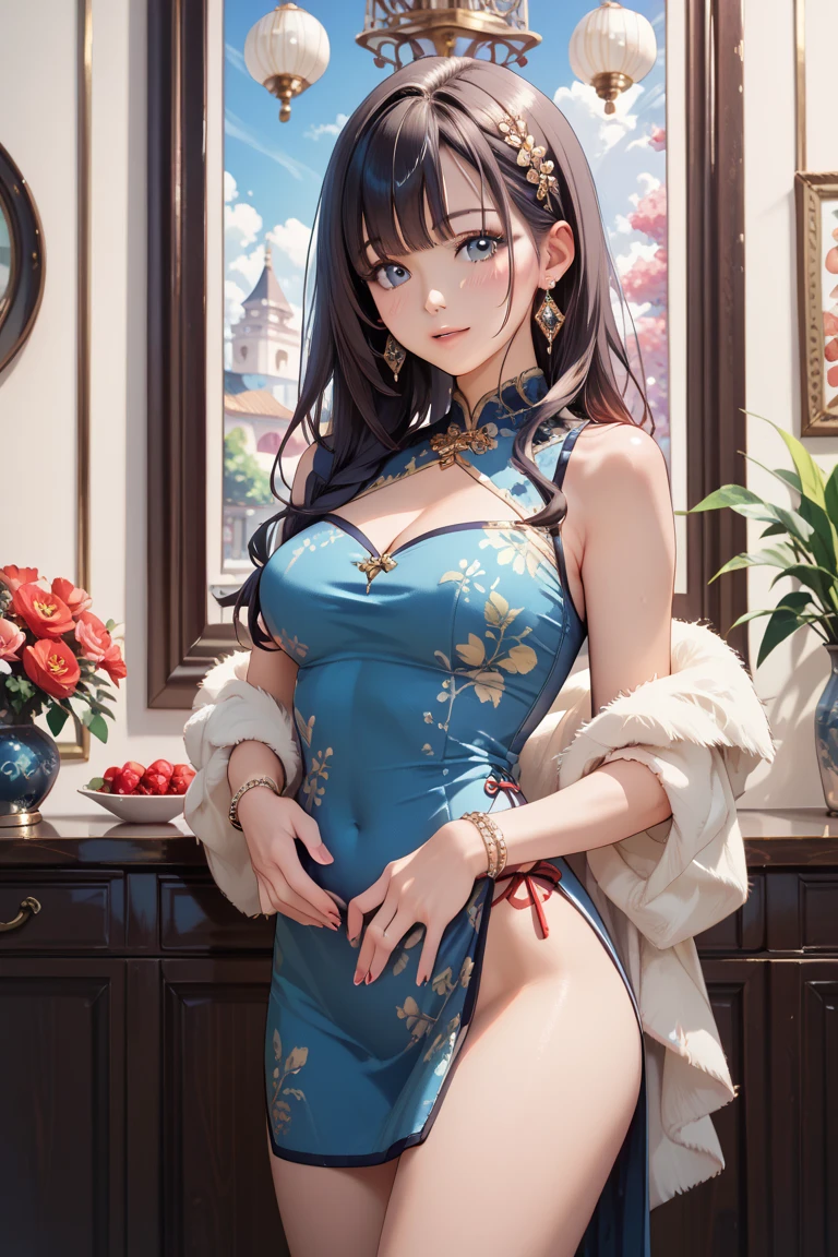 One girl、Realistic skin texture、Beautiful long hair down to the waist、Beautiful hair with hair hanging down over the ears、((Bright smile))、stare(The cleavage appears larger)(Erotic 25 year old girl、Small face、Very beautiful face、Natural Makeup)(Fair skin)(Sparkling eyes)Smooth Skin、Realistic skin texture(((Random colors、Gorgeous Chinese dress、Very short miniskirt with deep side cuts、Precise and detailed embroidery all over the body、Rhinestone))) ((interior、高級ホテルのBedroom))、Bedroom、futon、、Lie、futonで眠る、Head resting on pillow、Eyes are open、Beautiful armpits、round beautiful breasts、Beautiful cleavage、Small waist、Waistline、Big Ass、Thin thighs、Bold and erotic pose、Provocative and sensual poses、sexy、Spread your legs((Beautiful thighs exposed))((((Sleep:1))))(((((superior、Full Body Shot)))))