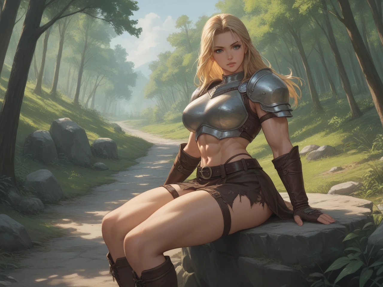 perfect hands, perfect finger,perfect anatomy, masterpiece, best quality,realistic, hyperrealistic, 16k hdr,1 muscular female,,goblin slayer, armor,helmet, plume, fur collar,(gauntlet:1.1),(holding long sword and shield:1.3),fantasy world,outdoor,fighting pose,dynamic pose,dynamic angle,from below,large breasts,cleavage,sweat,spread legs,(torn costume,damaged body:1.2)