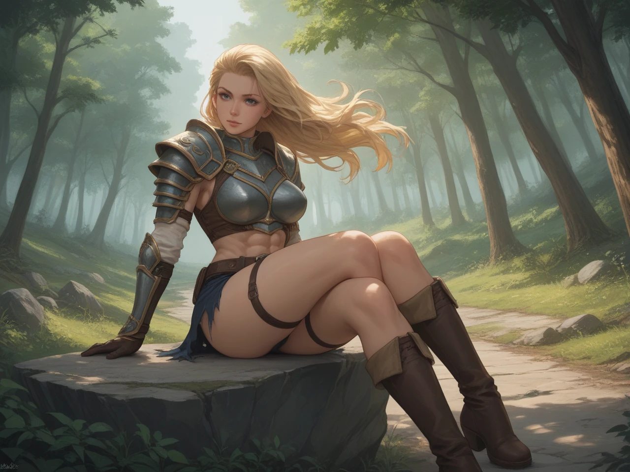 Create a fantasy image of a Well endowed, blonde female barbarian warrior with a loincloth, standing in a field of colorful flowers with a black tower in the background, absurdres, high res, ultrasharp, 8K, masterpiece, looking at viewer,(((from below)))