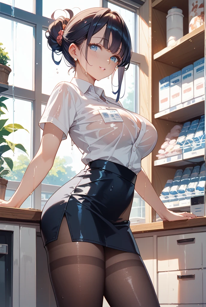 (intricate and super detailed anime style cute illustration),black hair,short hair,short sleeves school blezer uniform,big breasts,
open mouth,sweat,hyper cute,Lingerie Mail Order Catalog Cover,