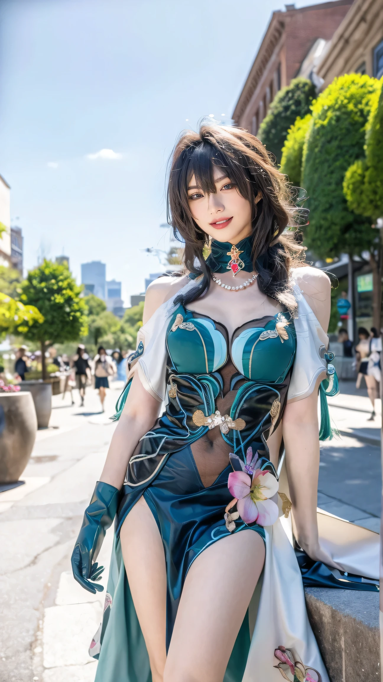(Masterpiece), best quality, HD, 4K, expressive eyes, perfect face, blue eyes, naked, black choker, smiles, nude, masterpiece,best quality,(cityscape:1.4),(street:1.4),(outdoors:1.3),(photorealistic:1.4),(ultra detailed:1.3),unity 8k wallpaper,pussy,solo,long hair,jewelry, breast, latex gloves, necklace, full body, armpits, naked nude, breast, nipples, open mouth, paizuri