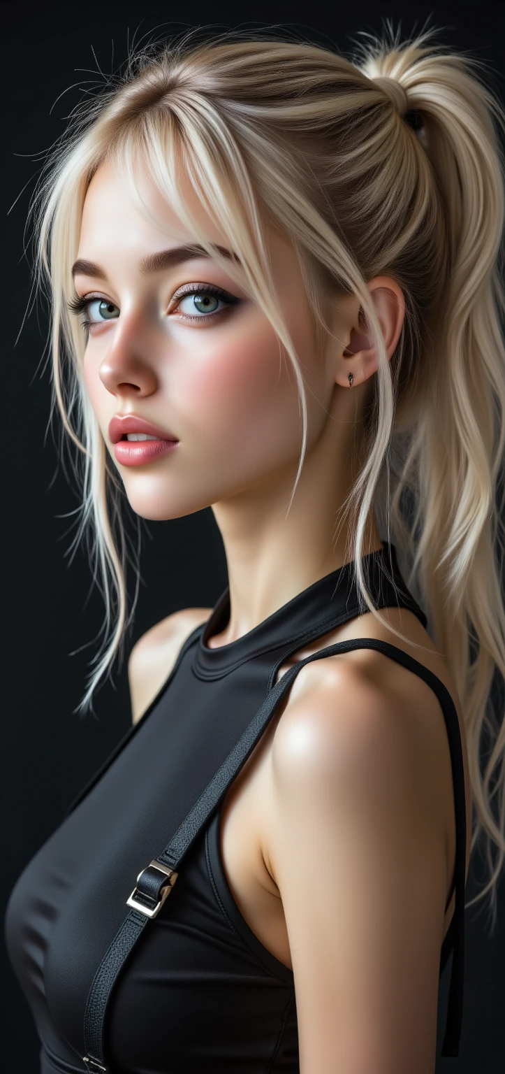 ((highest quality, 8K, masterpiece, sharp focus, 35mm lens, f/0.8, Amazingly beautiful and perfect figure :1.4)), side lighting, ((natural medium breasts )), (white shoulder knit sweater:1.2), (street background:1.2),necklace, Highly detailed face and skin texture:1.2, fine black eyes:1.2, super dense skin, shiny skin:1.2, blush , Beautiful detailed makeup:1.2, hifi bangs, Brilliant light blonde long random hairstyle, from below, looking at the viewer