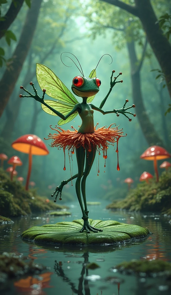 A tall, slender frog-person, with vibrant green skin, large, expressive eyes, and an elegant yet slightly menacing air