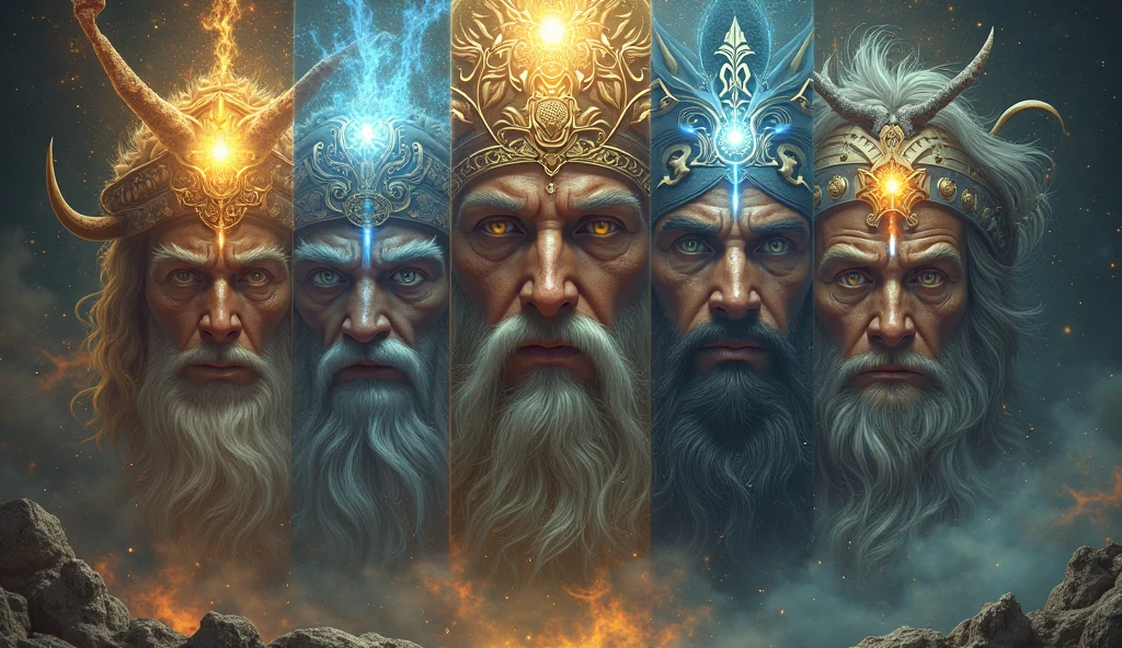 The thumbnail features three powerful figures together in the same image with a mythological appearance, resembling ancient gods, with long hair and beards. They are surrounded by flames and lightning, conveying a sense of strength and determination, creating a strong visual impact.