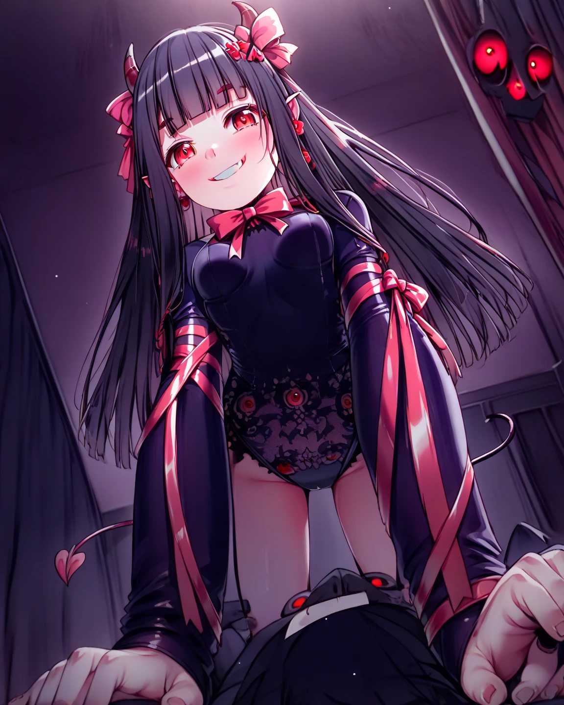 Miku, naughty expressions, naughty smells, erotics, sitting poses, stockings, brainwashing, red eyes, black clothes, evil smiles, dark aura, evil aura, dark household, brainwashing clothes,