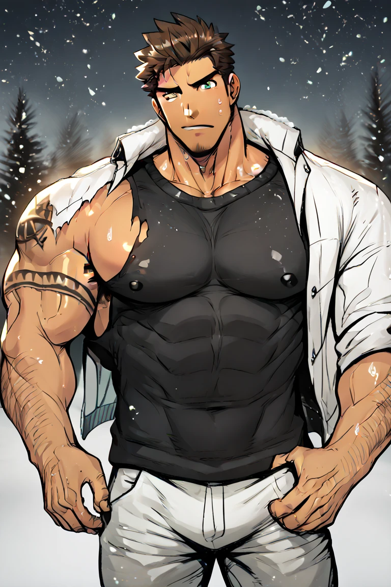 Macho bonito, ele tem cabelo branco, quase sempre despenteado, e sempre penteado pra cima,tip cabelo do personagem Satoru Gojo do anime Jujutso Kaisen, mas tem um certo olhar para ele. He's tall, com ombros largos, musculoso. His face is very masculine, mas ele tem olhos realmente gentis. Olhos azuis cristalinos extremamente atraentes,cara de cafajeste, The eyelashes as well as the hair and eyebrow are white as snow,mas sem exagerar. large bulge. pants pants. camisa de gola alta e preta,um homem muito atraente.