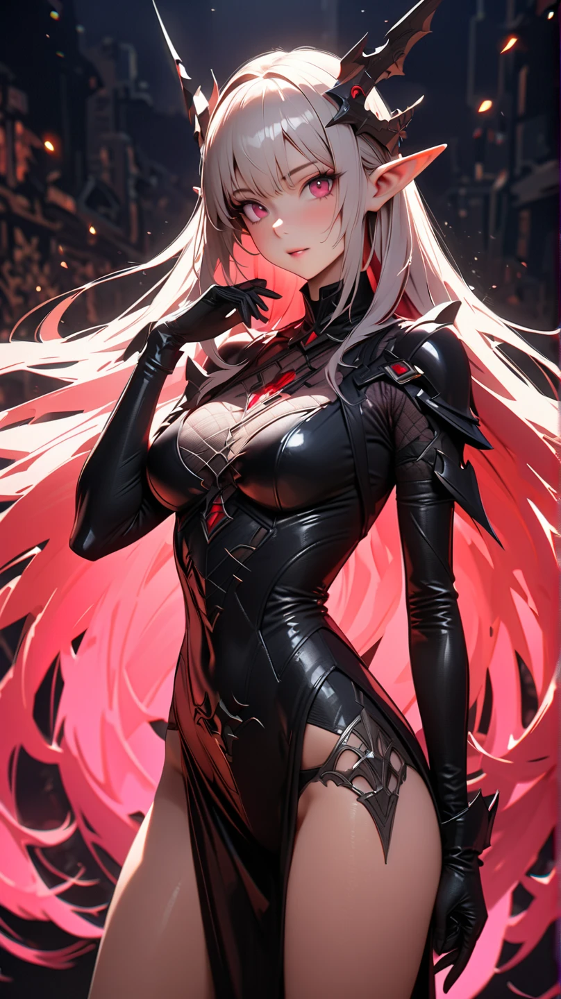 ((best quality)), ((Masterpiece)), (details:1.4), 3d, Image of a beautiful cyberpunk woman., HDR (high dynamic range), mature woman, Hips up, Curtain Bangs, Sleek style, Blonde hair, Red eyes, battle suit, Heavy Red armor, PBR surface, After processing, Anisotropic filtration,depth of field, Maximum clarity and clarity, multi-layered surface, perfect proportions, 8K raw files, cyberpunk, at night, ผมหลายชั้น, กระโปรงสั้น, natural lighting, soft lighting, sunlight, หน้าอกใหญ่,