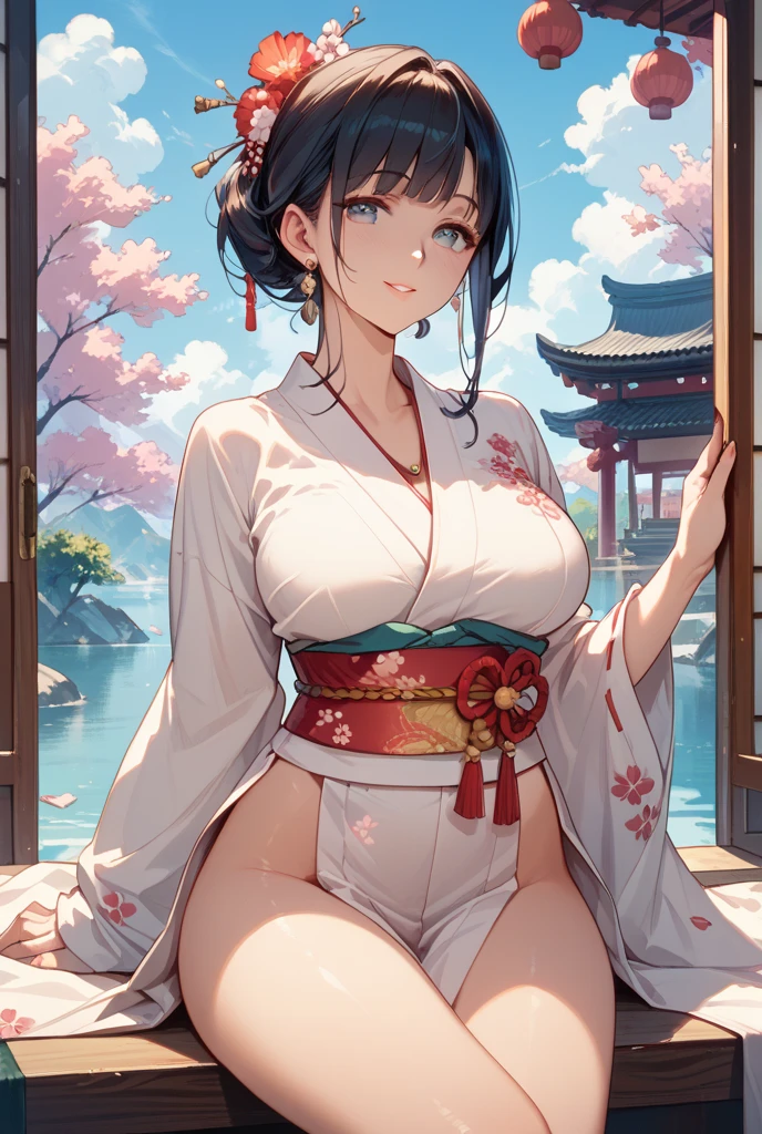 Masterpiece,Best quality, 1 girl, Split cheongsam, Black hair, red color eyes, Medium length hair, 耳Nipple Ring, rainbowing, standing on your feet ,plateau, Blue sky, grass field, extreme detailed details, Smile， head gear，plateau，lakes，Bare legged，medium boob