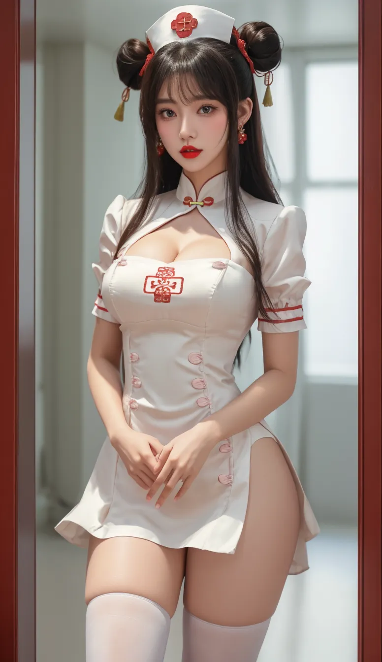 face, long_hair, gorgeous, girl, cleavage, western asian, top, hot girl, sexiest vibrant color dress lolita inspired, sexy navel, big cleavage
((Nurse Costume, Classic White Dress, Red Cross Emblem:1.2))

((Hair Style: Neat Bun, with a Touch of  Ribbon:1.2))
((Makeup: Natural Look with Emphasis on Bright Red Lipstick:1.2))
((Professional yet Stylish: Embracing the Nurse Chic Vibe:1.2))