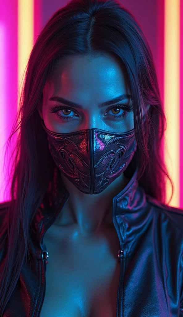 Retrato, Mulher, Vigilante, with mask, crescimento completo, hiper-realista, pequenos detalhes insanos, linhas extremamente limpas, obra-prima apresentada em Zbrush Central, cyberpunk, foto premiada, bokeh, luzes neon, noite escura, chuva forte, luzes da cidade brilhantes