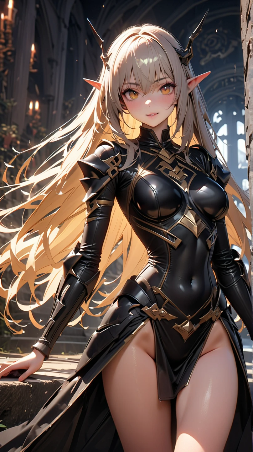 Outside the castle1 30-year-old female、Blonde long hair、Knight Commander,messy style,bra top,spandex,raced-up-long-boots,(holding sword、Claymore Great Sword),