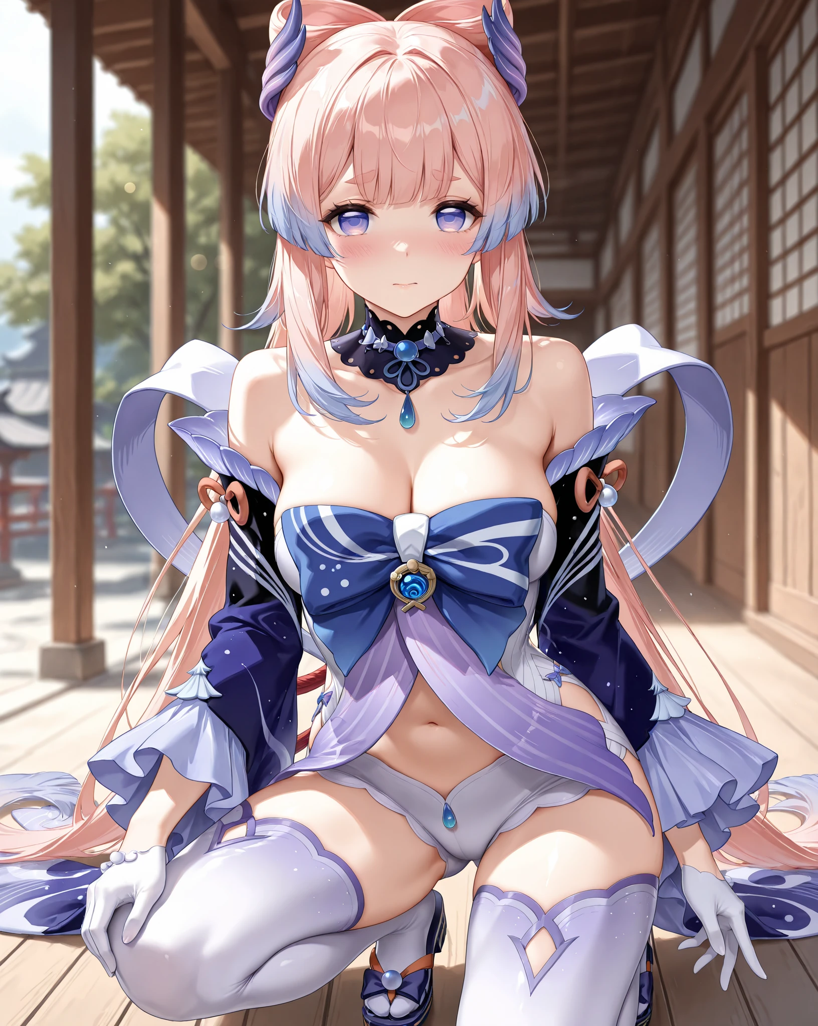 (((masterpiece))),(((best quality))), ((ultra-detailed)), (best illustration), 1girl, solo, blush, smug, smile, purple eyes, choker, gradient eyes, no pupils, multicolored_hair, pink hair, blue hair, long hair,sangonomiya kokomi, ((kimono)), outdoors, sakura trees, sakura, facing towards viewer, front view