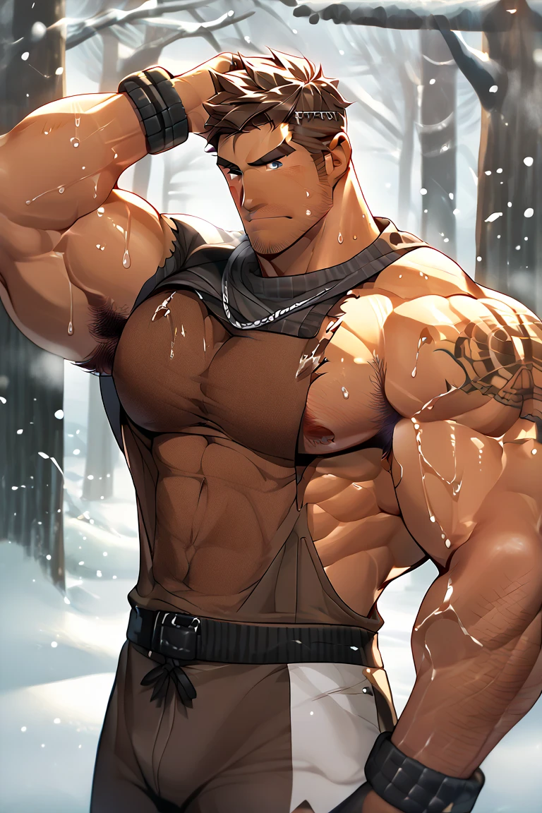 Mexican sportsman with red and silver hair, muscular of meter ninety wearing only a few broken shorts, with large pectoral, large biceps, one eye green and one eye black posing on a staircase next to the sea