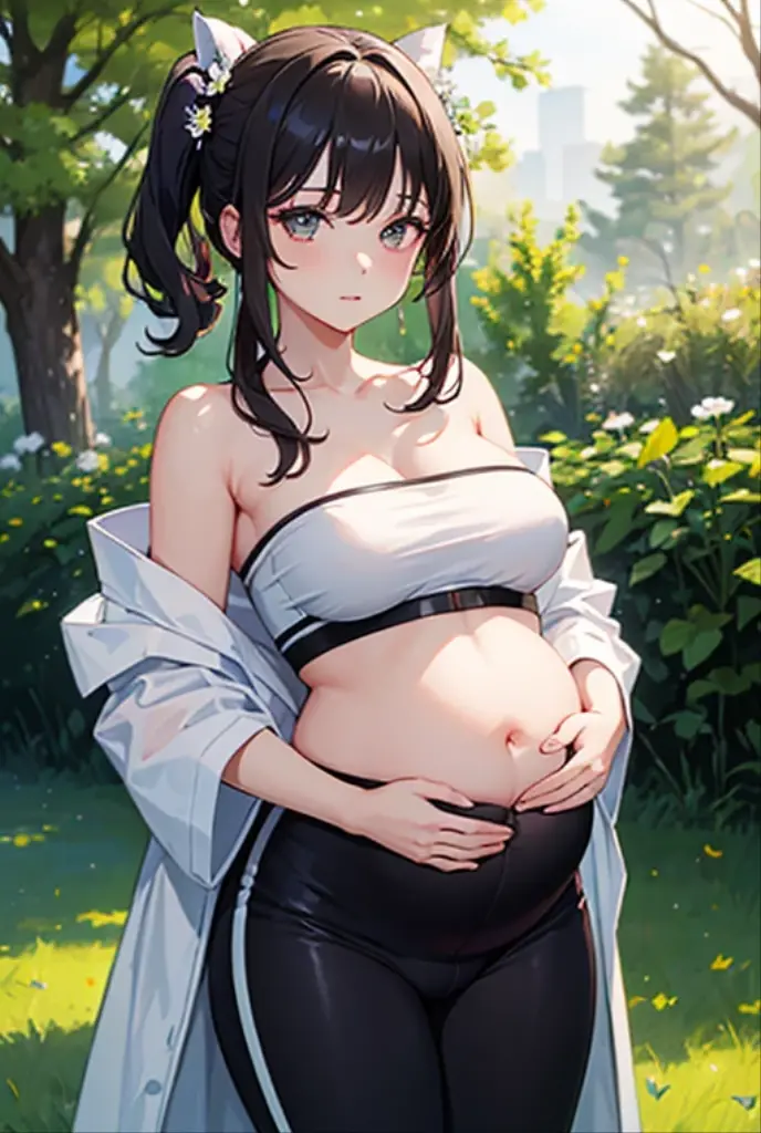 (best quality,a high resolution),Pregnant women,belly,Show belly,Beautiful detailed eyes,Black hair,Perfect makeup,fit,Wear strapless tops,leggings,双手放在她的Show belly上,17 years old,Intense pregnancy glow,Stunning,standing in a blooming garden,There are colorful flowers around her,Vibrant green grass,Peaceful atmosphere,The soft sunlight shone on her,Create a warm and gentle feeling,Highlight her light.