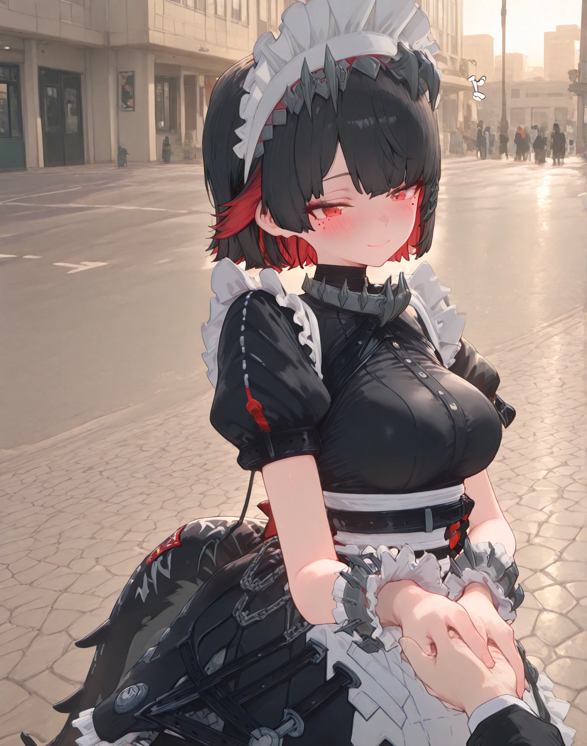 { Best Quality , masterpiece, high resolution, anatomically correct , detailed finger , Detailed Handshake ,Detailed Legs, 詳細なeye:1.5}, { Ellen Joe_,shortヘア, { Ellen Joe_,shortヘアー,Maid_headskirt,black_skirt,wrist_Cuff,fluffy_short_sleeve,Mole_under_eye,大きなeye標_chest,frills_skirt,black_pantyhose,Comfortable_chest)),full body,upper body close-up,Smile Yang, looks sad,slightly surprised expression,Shy Guy Front View,standing,Viewer,eyeを開ける,gigantic braests,Holding hands,tall from the school building,blush,lovelove,black hair