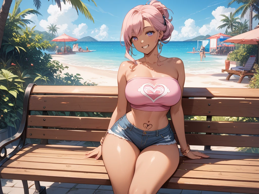 (Best quality, 4k, Masterpiece :1.3), beautiful woman, hyper realistic, 1girl, (droopy breasts, attractive body :1.2), sit-ups :1.1, straight pink hair ponytail with bangs :1.1, ultra-detailed face, detailed lips, detailed eyes, double eyelid, open neckline, hanging breasts, side pose, visible curves, on the beach, short and tight white shorts, muscular turned leg, large breasts, green eyes,  orange necklace on the feet, open sky with sun, smiling, big ass, standing on his back looking back, show more ass, hands on the ass, freckles on the face, freckles on the ass, crossed legs, short and tight orange bra, big white angel wings on the back, silver bracelets on the arms, copper necklace shaped like balls,  pink lips, pink nails, show more feet, detailed feet --auto --s2