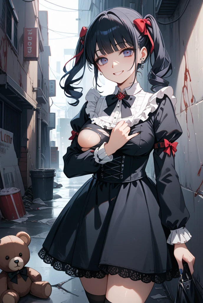 (extremely detailed CG unity 8k wallpaper,masterpiece, best quality, ultra-detailed, beautiful detailed eyes:1.2),best illumination, (best shadow, an extremely delicate and beautiful, bloom),
1gril,solo, In a dark and chaotic city, amidst the aftermath of a ruthless killing spree, there strides Sarra—a cold-blooded killer, aged 20, with striking white hair and piercing grey eyes. Dressed in black, adorned in trending fashion, they stand out against the backdrop of destruction. Gripping a gun tightly, Sarra prowls the empty streets, stained with blood spilled from their victims. The air is thick with tension as they revel in their malevolence, their sinister laughter echoing through the night. Fear spreads like wildfire among the remaining inhabitants, as they become the embodiment of terror and the personification of evil itself.