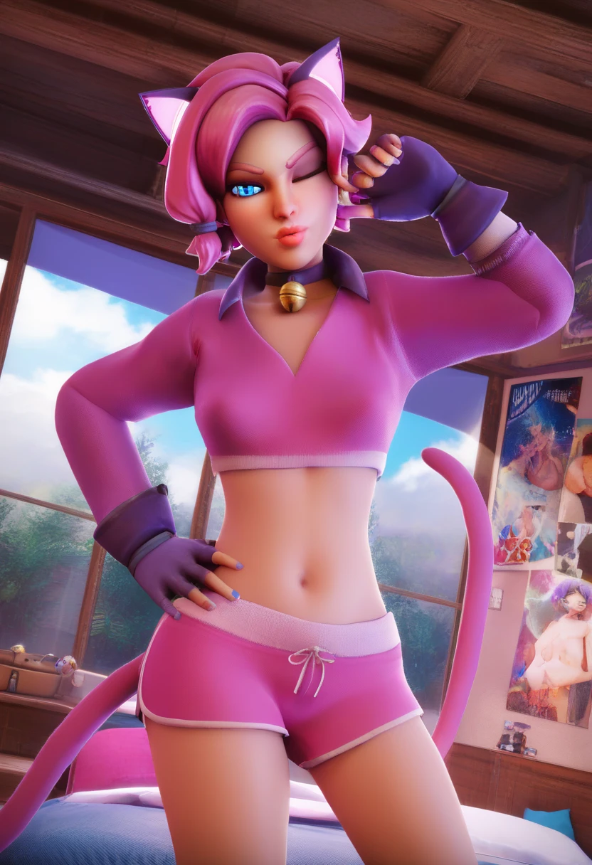 sakura from naruto, round ass, round breast, ((slender body, thin waist)), Big ass and hip, pink hair, detailed face, realisitic、top-quality、1girl in,Cat's ears、Pink hair , Short hair、Saliva、Choker,orgasm 、 pinkPVC Bikini ,Big breasts、all-fours,profetional lighting