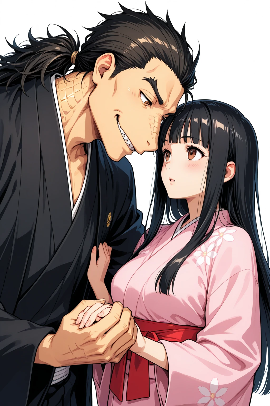 ((Highest quality)), ((masterpiece)), (detailed), （Perfect Face）、（The woman is a 12-year-old princess from the Sengoku period in Japan., Long black hair and a beautiful face　Located in a lewd samurai residence.、The woman is wearing a Japanese white kimono with a richly embroidered red shiny robe over it.　The red robe worn by Japanese princesses　Her hair is styled in a straight hime cut.　It is decorated with gorgeous ornaments from the Edo period.,   She is wrapped in a shiny vinyl futon and made to lie down, and is forced to have sex with a dirty old man and lay eggs from her hairy pussy.