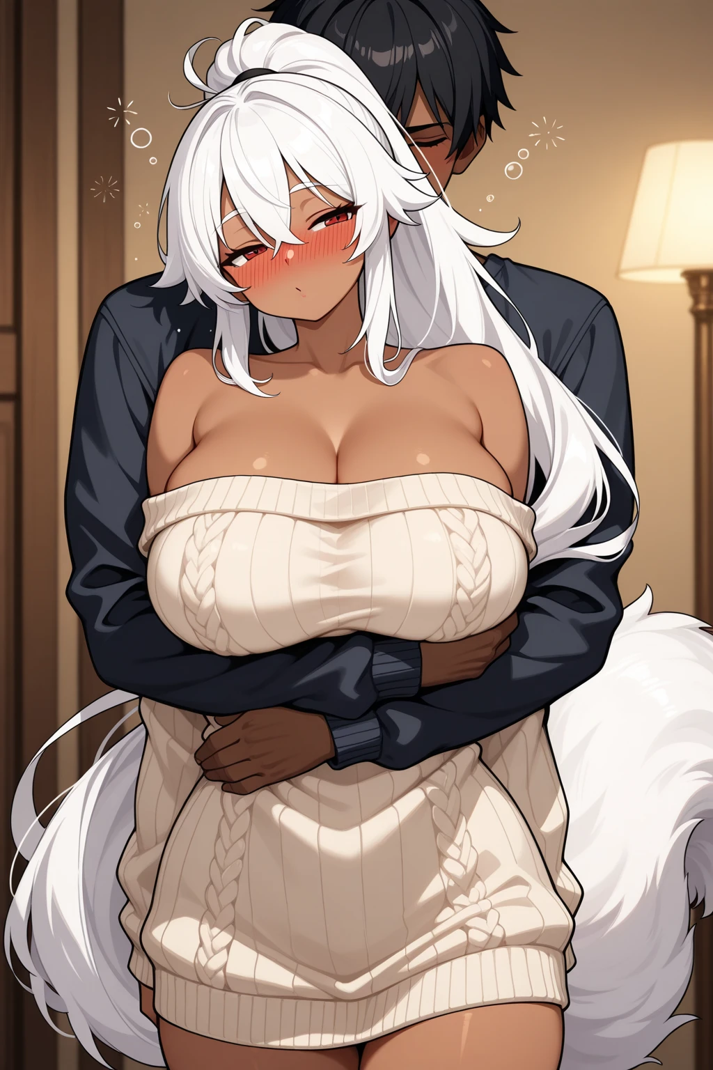 NSFW,masterpiece,Highest quality,High resolution,Super detailed,Shirakami Fubuki\(Hololive\),Gray Hair、One-sided braid、Ahoge、Earrings、Fox ears,Fox Tail,(Leather leotard),High leg,Open crotch,(Body Harness),Micro Mini Skirt,Fishnet tights,Embarrassed,Frustrated face,Lust,blush,Expecting face,(Ahegao),Smirking face,Love Hotel at Night,Luxurious Room,chandelier,(To flatter),want,Streaks,(Sex slave),(Middle-aged men),A man puts his hands on her waist and hugs her,Having sex,Insert,Creampie,heart,Surrender,Wet,Leg spread