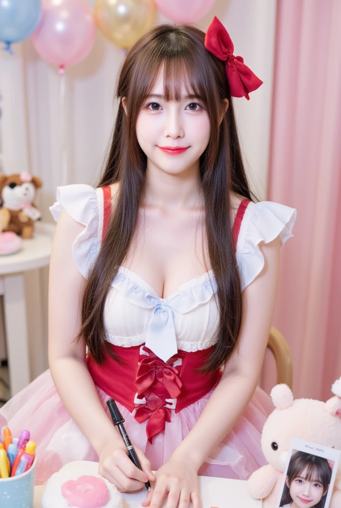 korean with long red hair, Grinning, Caucasian skin, white dress with bunny ears, Selfie