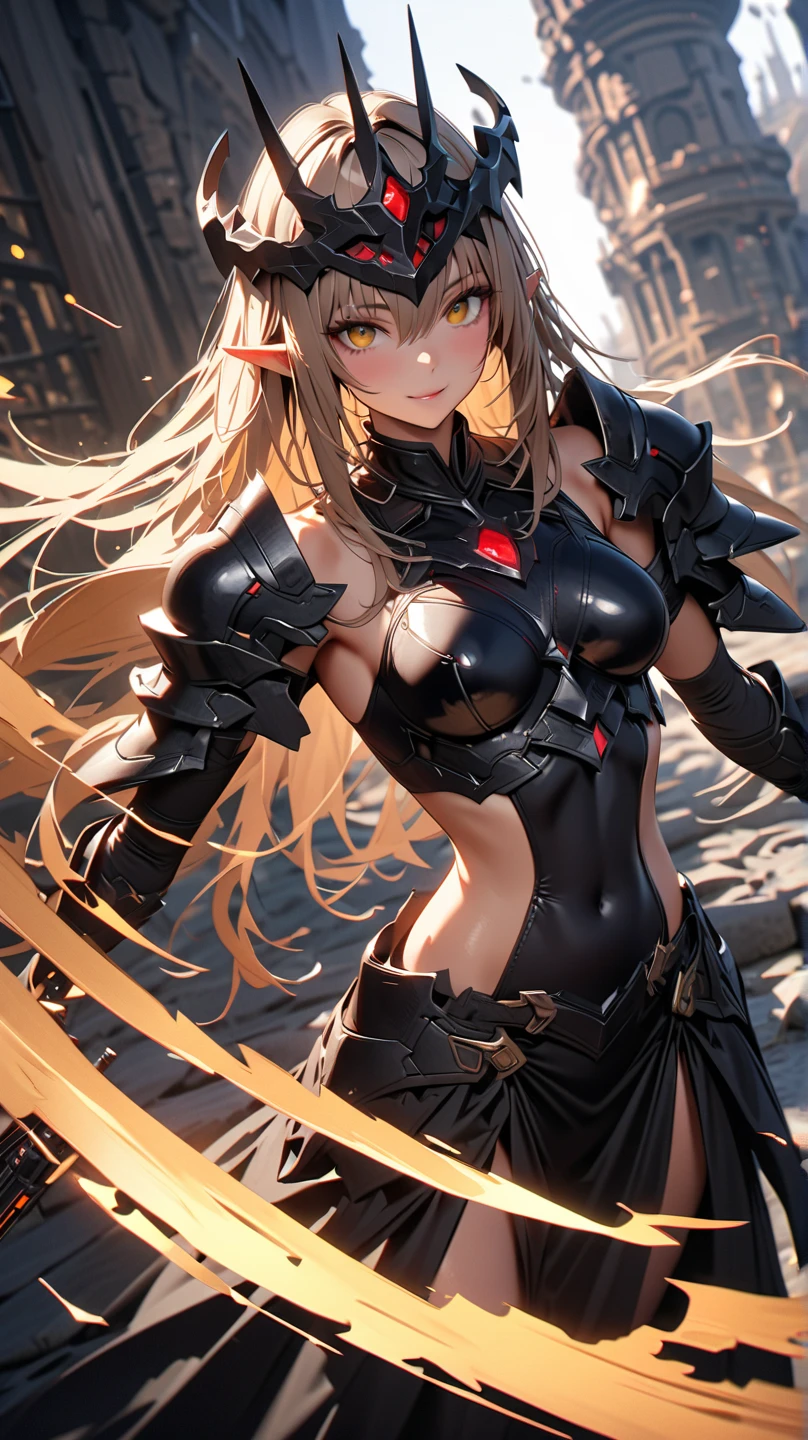 masterpiece, high resolution, best quality, uhd, super detail, award-winning, retina, 16k, (steampunk), portrait, (solo), close-up of face, (((bust))), (((standing))), tilt to the side, look at the viewer, head tilt, ((knight-hime), mechanical wing, ((knight-hime), seductive smile, light smile, dark_persona, tiger teeth, ((long blonde hair)), ((streaked hair)), ((blonde gradient hair)), red hair, hair between the eyes, very long hair, side hair, shiny hair, colored eyebrows, long hair, asymmetrical bangs, fire opal-like eyes, crimson pupils, (tsurime), long eyelashes, gradient_eyes, beautiful and delicate eyes, beautiful detailed eyes, (very fine facial features), cute face, ((fine portrayal of face)), (((small breast))), tattoos, barcodes, (petite), (slender), (slender), elf ears, robotic arms, ((knights)), mechanical wings, detached wings, mechanical wings, holographic clothes, ((steel breastplate))), ((metal skirt armor)), ((metal arm armor)), (metal gloves), (crystal earrings), (stud earrings), (leg rings), battlefield, outdoors