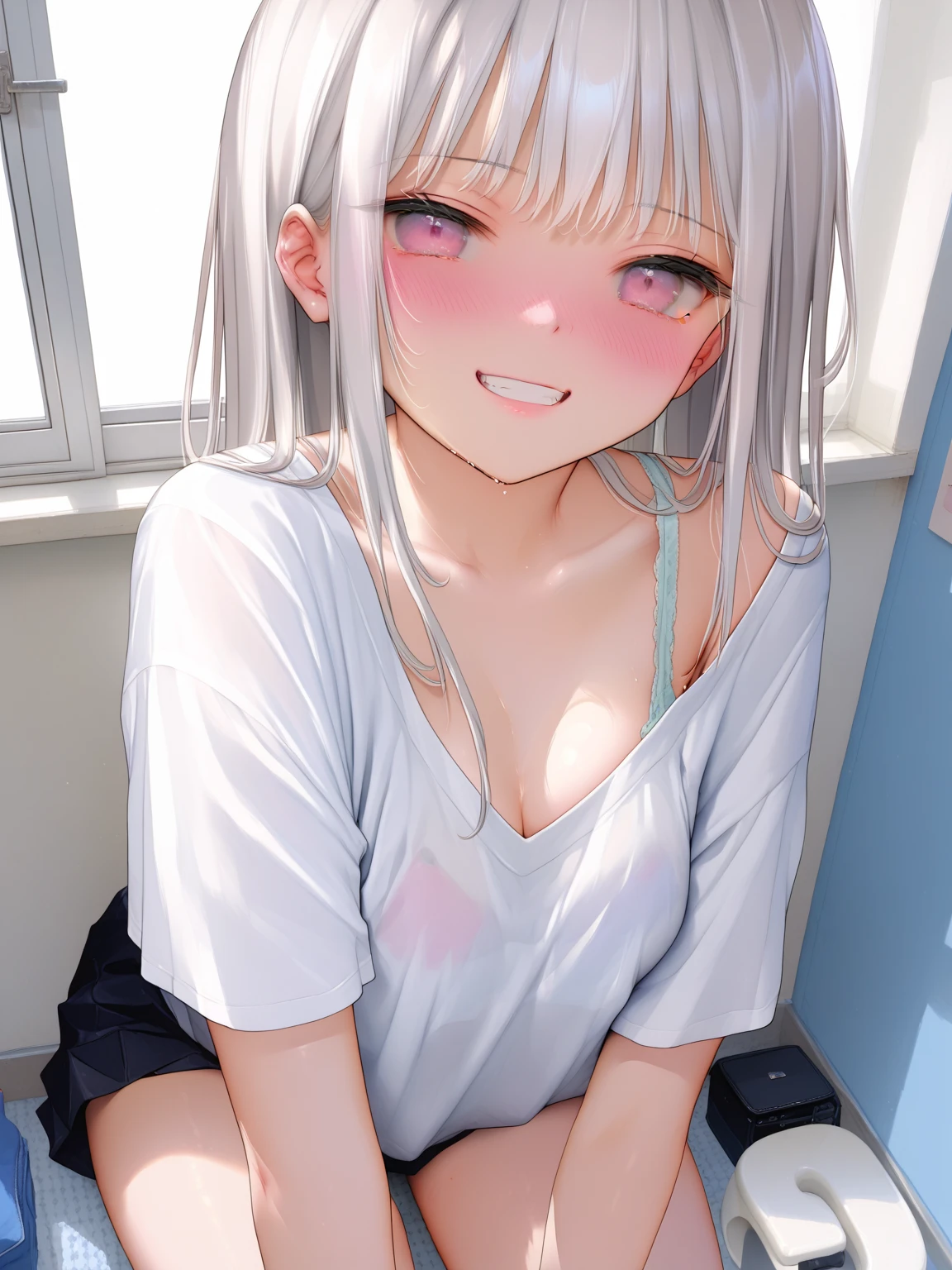Alice, Anime art style, One girl, 一人in, chest, Looking_in_Audience, smile, short_hair, Open_mouth, big_chest, red_eye, hair_between_eye, upper_body, white_hair, :d, Blurred, chef((Toddler girl)) ((5 years old))((naked)) ((nsfw))