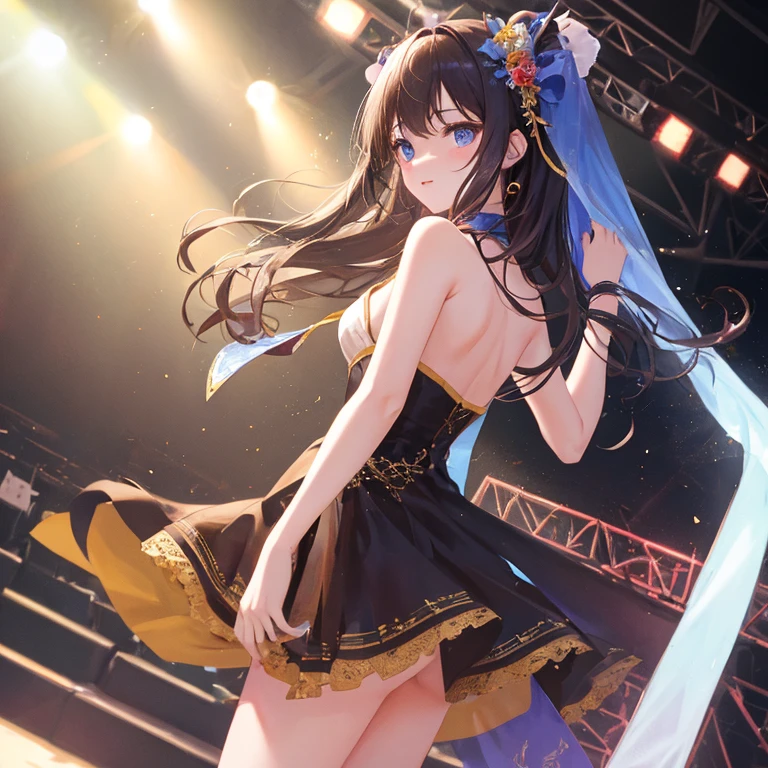 (masterpiece:1.8),(highest quality:1.8),(Super detailed:1.8),(8K:1.8),(Ultra-fine illustration:1.5),pretty girl,sisters,skinny,small ass,straight twin tails,flat chest,small breasts,(Shiny metallic gold,lace panties),,Gold Corset,choker,Gold Long Gloves,gold boots,(smile pose),stand,(Paris Fashion Week,Runway Walk),Spotlight。Lots of camera flashes