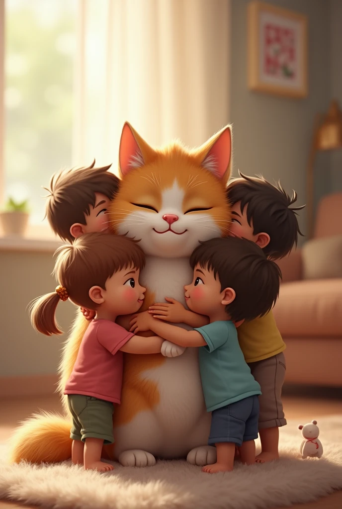 A very happy cat hugging a scared ??? who's crying and smaller than him really tight