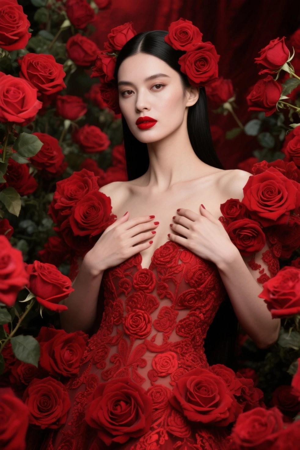 Beautiful realistic woman, detailed face, crystal clear amber eyes, red lipstick, brown hair, loosely flowing, red dried flower in her hair, delicate earrings and necklace, tai dai printed fabric dress 
 bright, depleted and falling into the arms, sensation of movement, dark chiaro lighting, external background, old material house, (((flowers in the window and blurred garden))), bokeh, alcohol paint, a masterpiece.