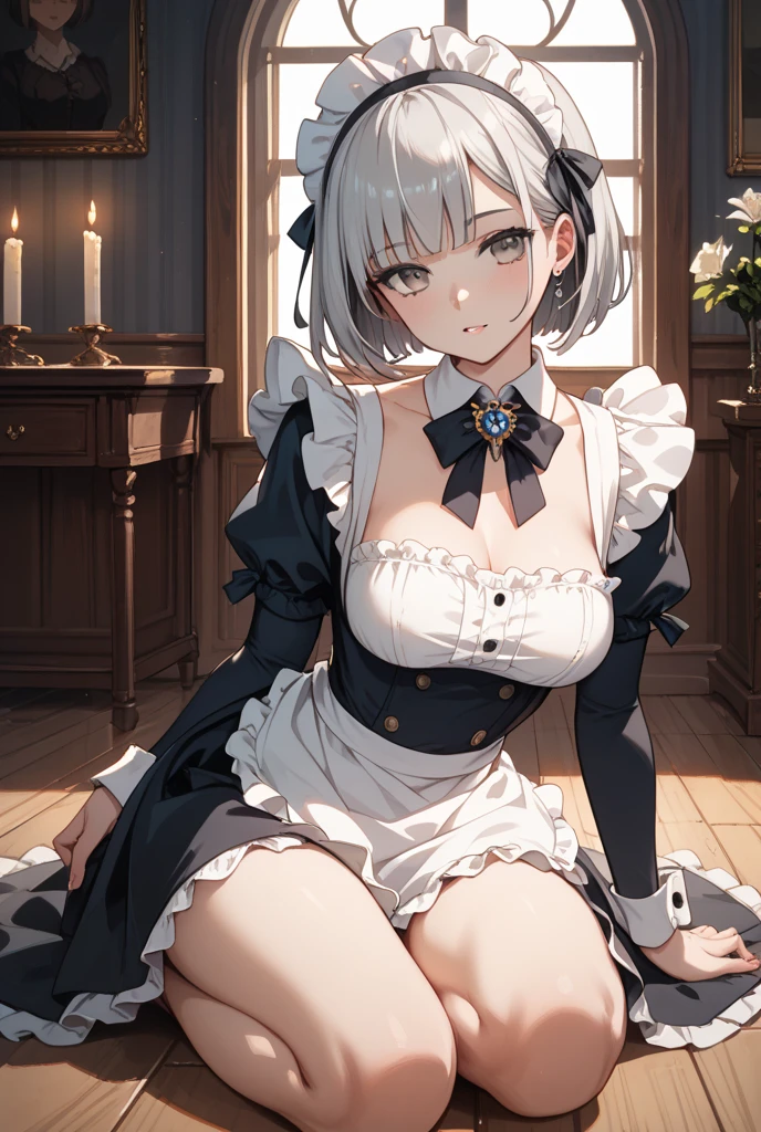 table top　High level image quality　best image quality　8k　 adult woman　portrait　white long gloves（elbow gloves）　white pantyhose　Maid clothes（sleevelesini skirt　white wolf ears　short hair（（shortcut）（gray hair）（perm）（fluffy））　eye color is blue　attractive face（（laughter）（smile）（open your mouth））　beautiful feet　side view　on the bed