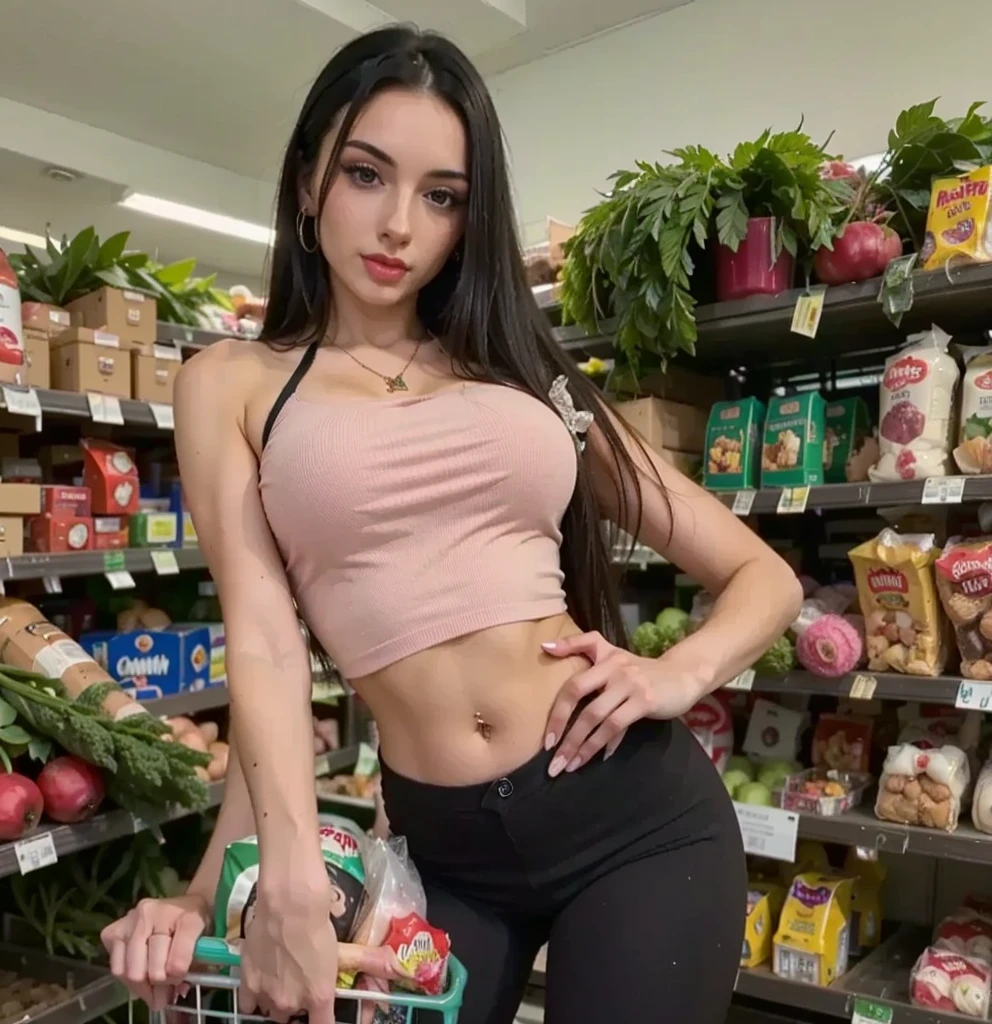in a store wearing a black bikinidental floss 