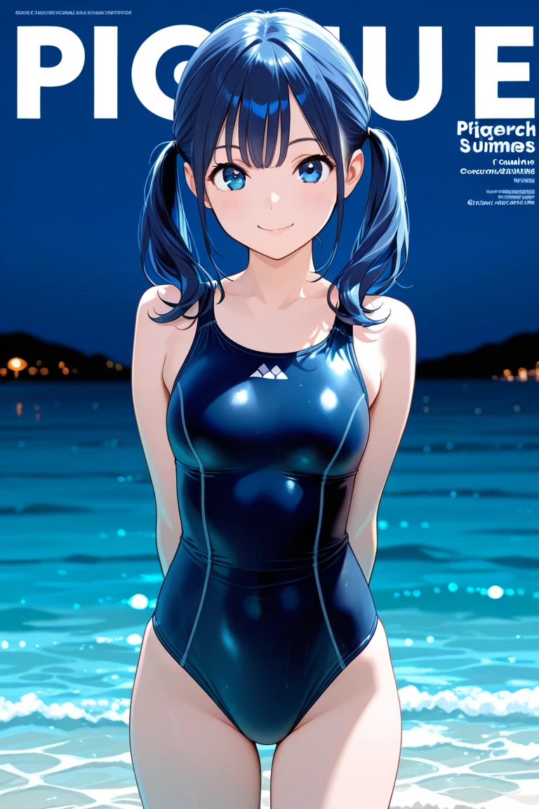 Nozomi Kaminashi, Keijo, summer, navy blue school swimsuit with white stripes, best quality, cinematic, art by Saito Masatsugu, pool, sunny day.