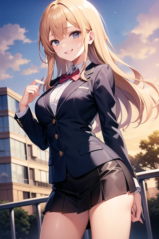 (masterpiece:1.3, Highest quality, Ultra-high resolution, Super detailed), (Realistic, photoRealistic:1.4), Beautiful illustrations, Perfect lighting, colorful, Depth of written boundary,
Beautiful detailed hair, Beautifully detailed face, Beautiful attention to detail, Beautiful clavicle, Beautiful body, Beautiful breasts, Beautiful thighs, Beautiful feet, Beautiful fingers,
View your viewers, 1 girl, Japanese, high school girl, Perfect Face, (Perfect Anatomy, Anatomically correct), Cute and symmetrical face, Baby Face, , Glowing Skin,
(Mid-length hair:1.5, Topknot, Hair loss, Blonde), Hair between the eyes, Dark green eyes, Droopy eyes, Big eyes, Long eyelashes, (Medium chest), thin,
((Navy Blazer, White collared shirt, nabuto pleated skirt)), Dark red bow tie, Earrings, Hair Scrunchie,
(Beautiful views), evening, (garden), She spreads her legs to show her light pink lace underwear, (Cute smile, Upward glance, Open your mouth), Unbutton all your shirts and pants、Showing off nakedness