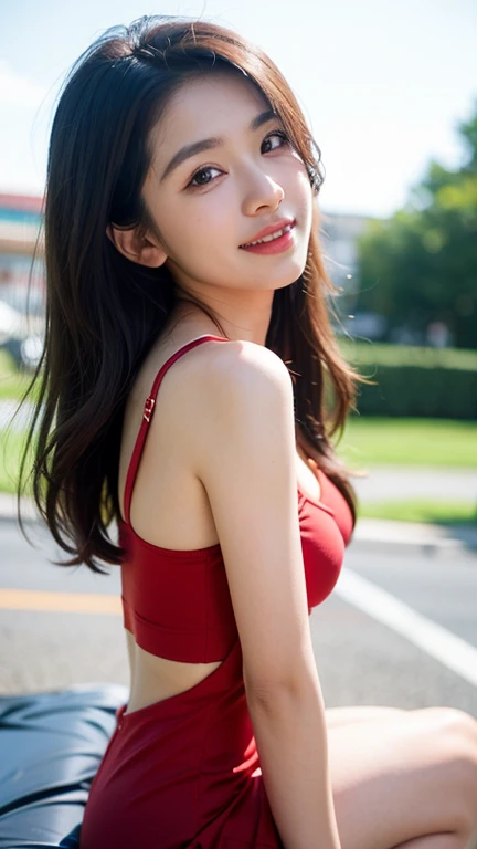 Highest quality、8k wallpaper、Reality:1.4、Cinema Lighting、View your viewers、background:urban office district（Outdoor）、1 beautiful girl、Japanese Idol、30 years old、Beautifully detailed eyes、Detailed face、Beautiful Skin、Slender、Slim waist、Thin legs、Red lipstick、Fancy hairstyle:1.5、The sunlight hits her hair and it shines golden、Profession：secretary、smile:1.2、Big Tits