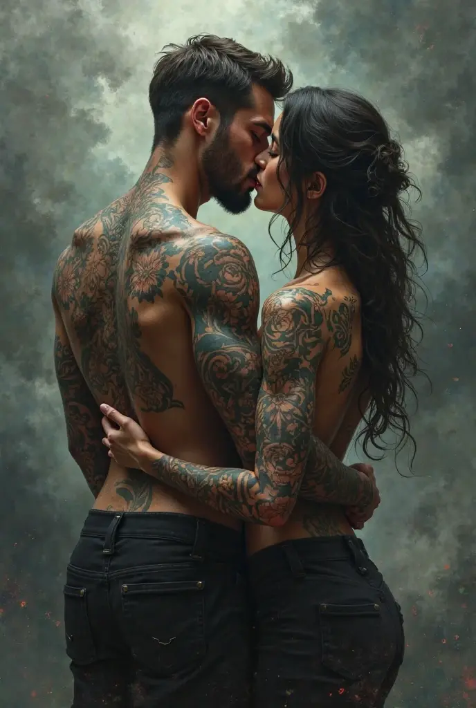 2 woman with gothic tattoos all over her body naked making a pornographic video with a man penetrating her 