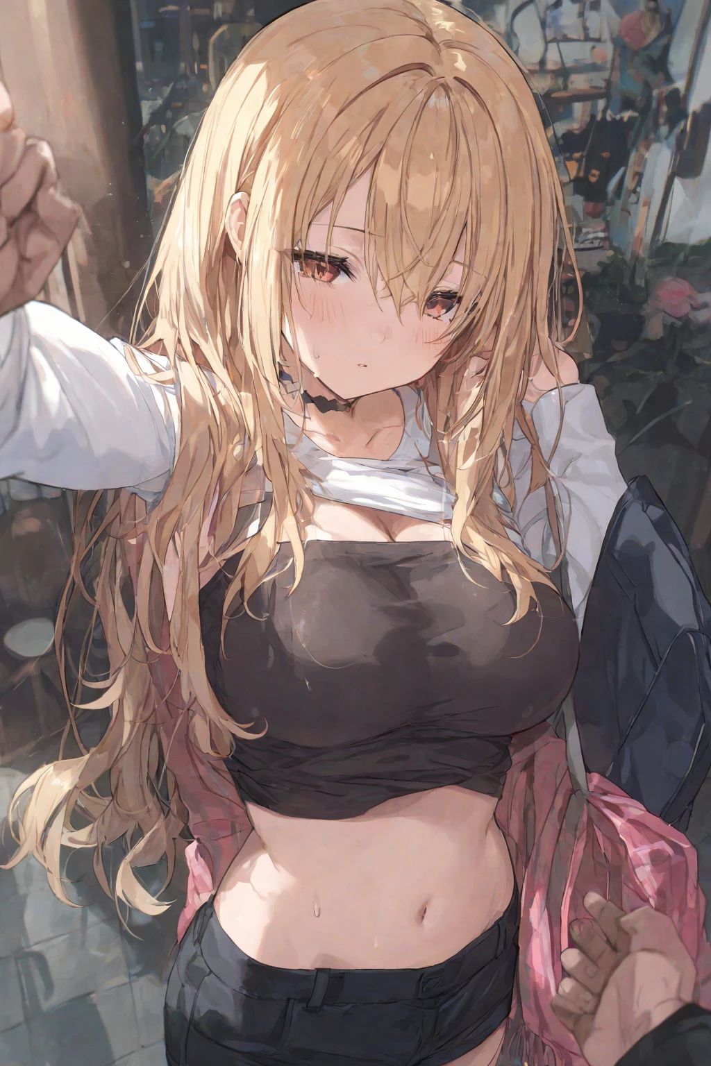 Close up on blonde girl looking at viewer, blushed and screams, long hair, tied up, arms behind her back, worried eyebrows, blue eyes, wears small blankets covering her hips and breasts barely, visible naked belly, visible naked thighs, standing in a medieval slave market, out in the open, crowd of people in background with medieval clothing, rustic atmosphere, sunlight casting shadows, detailed environment, market stalls, wooden cages, stone pavements