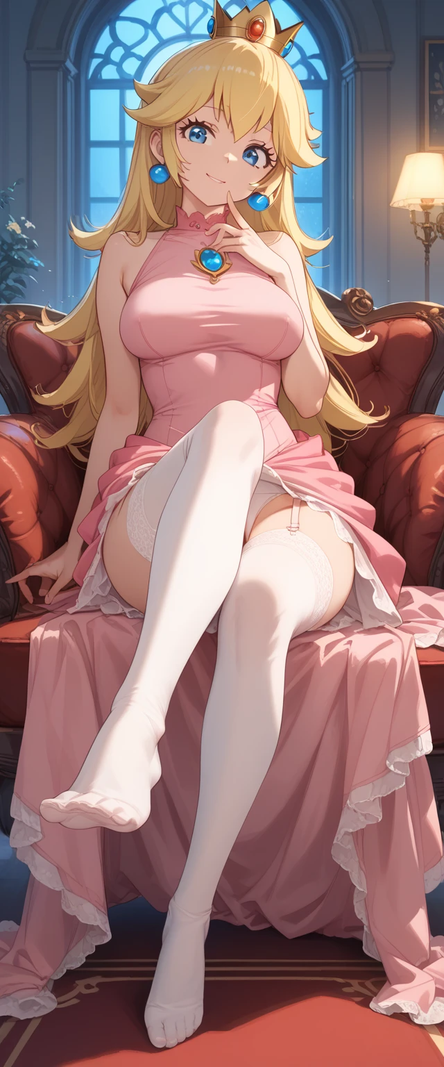 nsfw, best quality, masterpiece, super fine illustration, high quality illustrations, beautiful artwork, detailed skin, detailed face, detailed eyes, 1girl, solo, skinny, princess, (slut: 1.5), skirt lifted, white panties, , blunt bangs, blonde hair, blue eyes, blush, curly hair, wavy hair, long hair, silver tiara, very long hair, smile, white garter belt, white garter straps, indoors, princess dress, juliet sleeves, long sleeves, from below, looking at viewer, puffy long sleeves, puffy sleeves, see-through, skirt, white thigh highs, window, canopy bed, curtains, (from below:1.3)