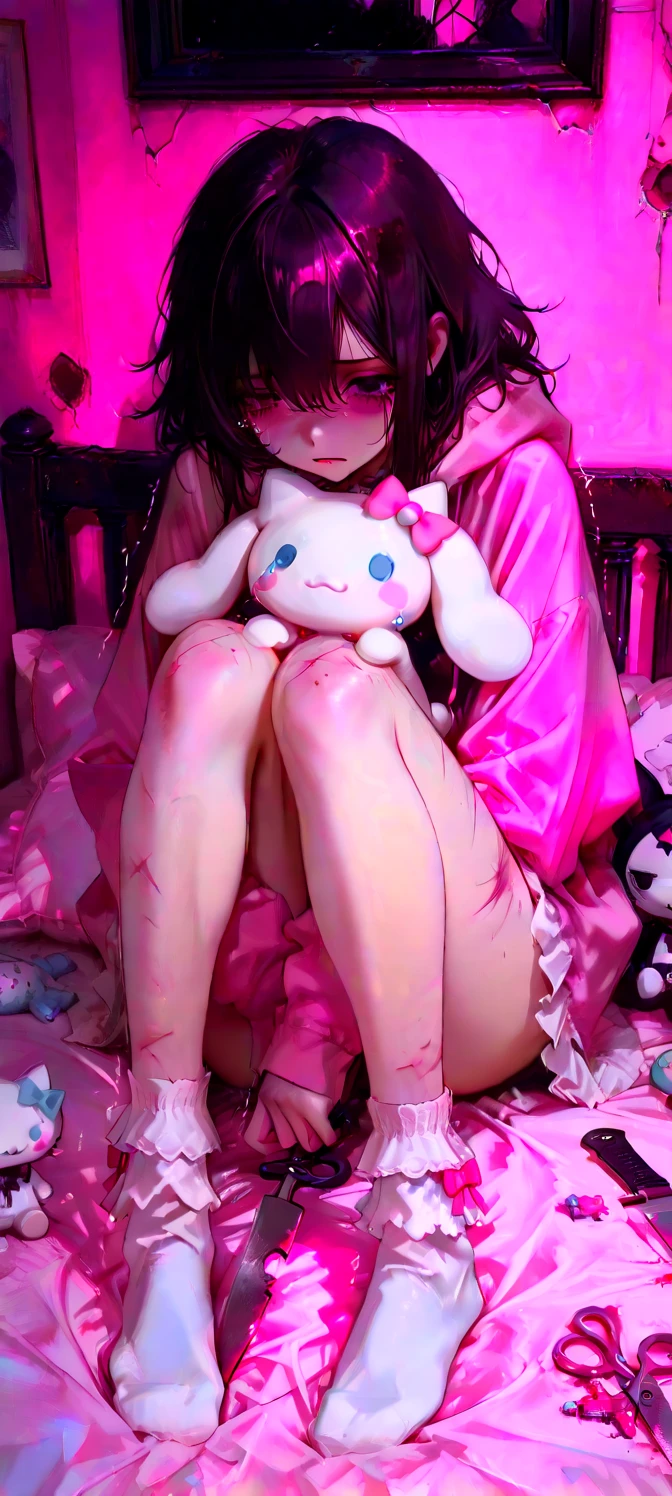 score_9, score_8_up, score_7_up, pinup girl pose, Expressiveh, 1femboy, femboy, brunette short hair, tiny body, green eyes, full lips, wearing sexy girly outfit, small metal chastity cage, straddling a man's lap, legs spread wide, arms tied behind back, pink girly aesthetics, cute, kawaii, laying on a bed, aggressive gangbang, violent sex, huge cocks, ribbon in hair, pink lipstick, beauty marks, girly skimpy nightgown, skimpy short mini skirt, looking at viewer, surprised look on face, semi realistic, floating neon hearts, consensual sex, massive size difference, waist grab, ass grab, deepthroat, dramatic angle, unique perspective, wide angle, double penetration, moaning loudly, wet from sweat, drooling, crying with pleasure, tight pink panties, nipples erect, tears mixed with mascara, detailed background, plush toys, pastel colors, , being slapped, rough handling, hair pulling, intense anal sex, gagging, multiple partners, used condoms scattered, forced orgasm, relentless pounding, money on bed, cash scattered, smeared lipstick, submissive expression, naked male client, client are older and taller, men heads out of frame
