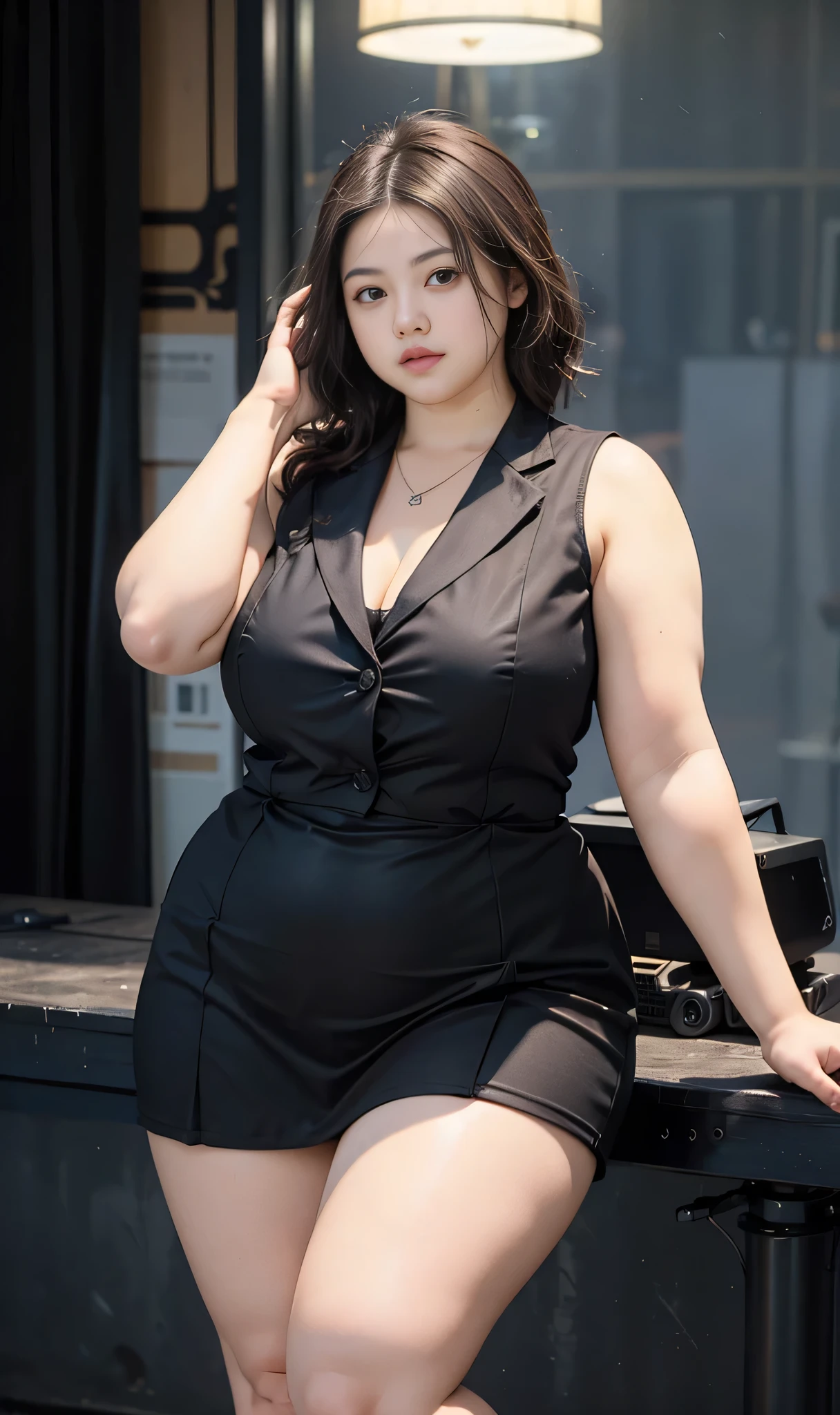 realisitic、Curvaceous woman standing alone, Woman in black business suit, with a business suit on, businesswoman, Woman in business suit, Wearing a white collar shirt under a suit、thick skirt、tight skirts、Girl in a suit, female in tight office dress, , Girl in suit, young business woman, in a business suit, business outfit, Wear a suit、Office Suits、、professional photograpy、Does not expose the skin, Japanese Models,、,The skin is not exposed、fleshy body, large boob、 hard 、、big butts、Big belly、thick waist、Body without tone、thick thight、thick arms、Round face、Fat face、chubby cheeks、Sauce order、big eye、A dark-haired、short-haired、Standing facing the front、Left hand pose on the hip、Right hand is down in a pose、Straight back posture、Sun background、chinese-Indonesian woman , full body , bracelet , necklace , , short hairstyle , fat belly , thick hips , dark room , baby face , chubby cheeks , black room