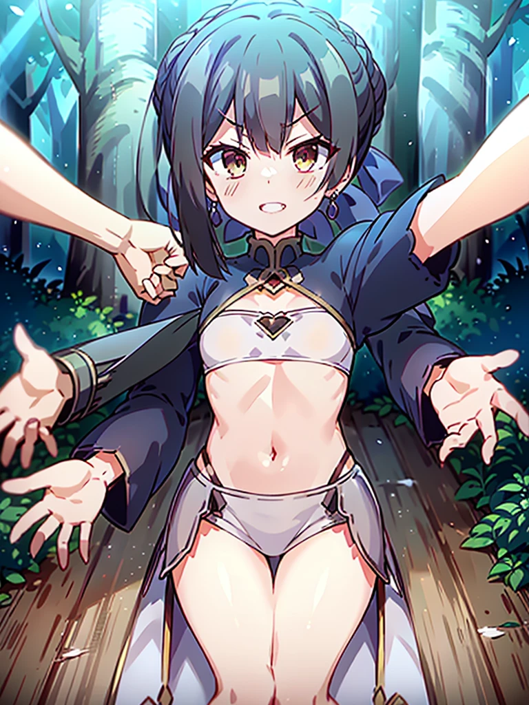 (anime style),masterpiece, best quality, extremely detailed,18Years old,tanned skin,dark skin, Beautiful body,rarge breasts press,BREAK,multicolored colorful blnde hair,shaggy hair,long hair,long ducktail hair,BREAK,black eyes,black choker,dignified face,disgust,angry face,open mouth,detailed lips,,BREAK,with vertical stripes sweater,ripped Princess knight light armor,break,head tilt,in the woods,hands on legs,wariza,ivy clinging to the body,